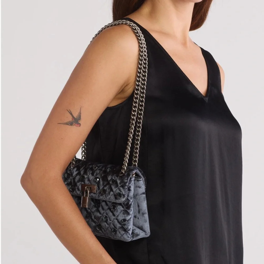 Kurt Geiger Gunmetal Grey Mini Velvet Brixton Shoulder Bag - Picture 13 of 13